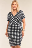 Plus Size Black&white Checkered Fitted Wrap Deep Plunge V-neck Dress