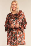 Plus Size Floral Print Velvet Long Layered Hem Sleeve Mini Dress