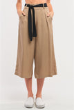 Beige High Waist Self-tie Belt Detail Flare Capri Pants