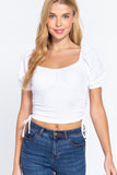 Puff Slv Side Shirring Rib Knit Top