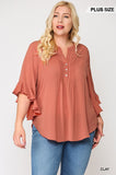 Bubble Crepe Ruffled Sleeves Pintuck Detail Top