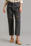 5 Pockets Non-stretch Straight Cut Distressed Denim Jeans With Raw Hem