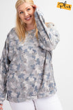 Plus Size Long Sleeve Distressed Printed Rayon Pullover Top